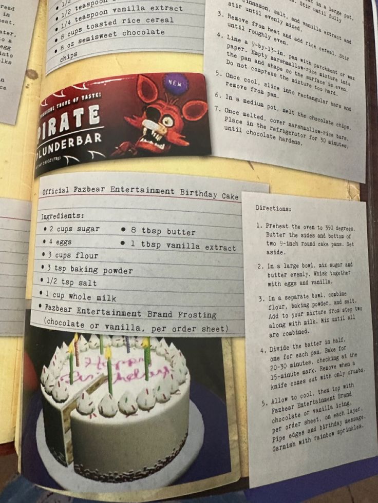 an open book with several pages on it containing information about birthday cakes and other items