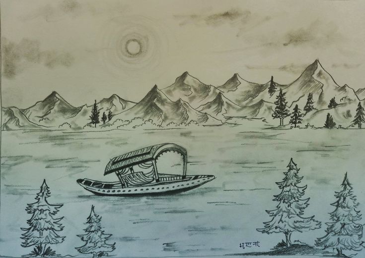 a drawing of a boat in the middle of a lake with mountains in the background