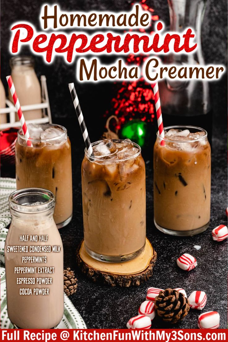 homemade peppermint mocha creamer recipe in two glasses with candy canes