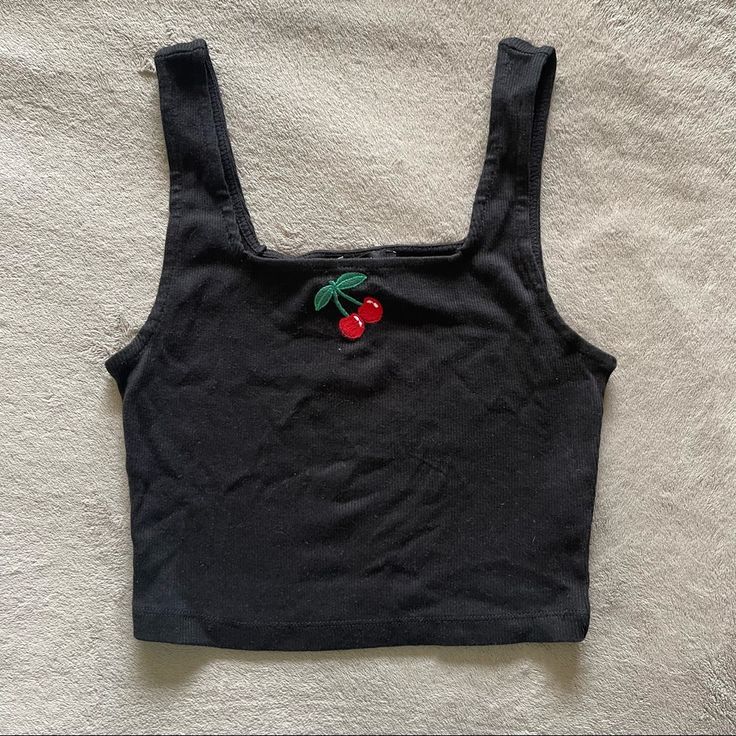 Black Square Neck Ribbed Sleeveless Tank Top With Cherry Embroidered Design Stretchy Ribbed Material New With Tags 14” Pit To Pit 11” Length Open To Offers! Embroidered Tank Top, Button Crop Top, Blue White Top, Embroidered Tank, Ruffle Crop Top, V Neck Bodysuit, Red Tank Tops, Red Tank, Lace Camisole