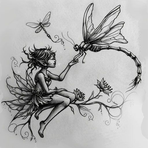 a black and white drawing of a fairy on a branch