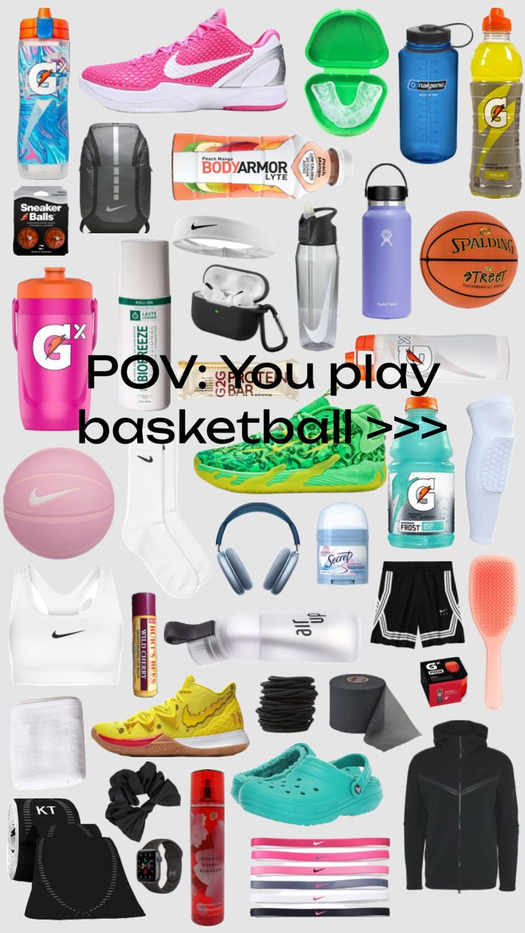 a collage of various sports items including shoes, water bottles, and other things