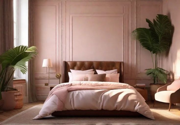 a bedroom with a bed, chair and potted plants