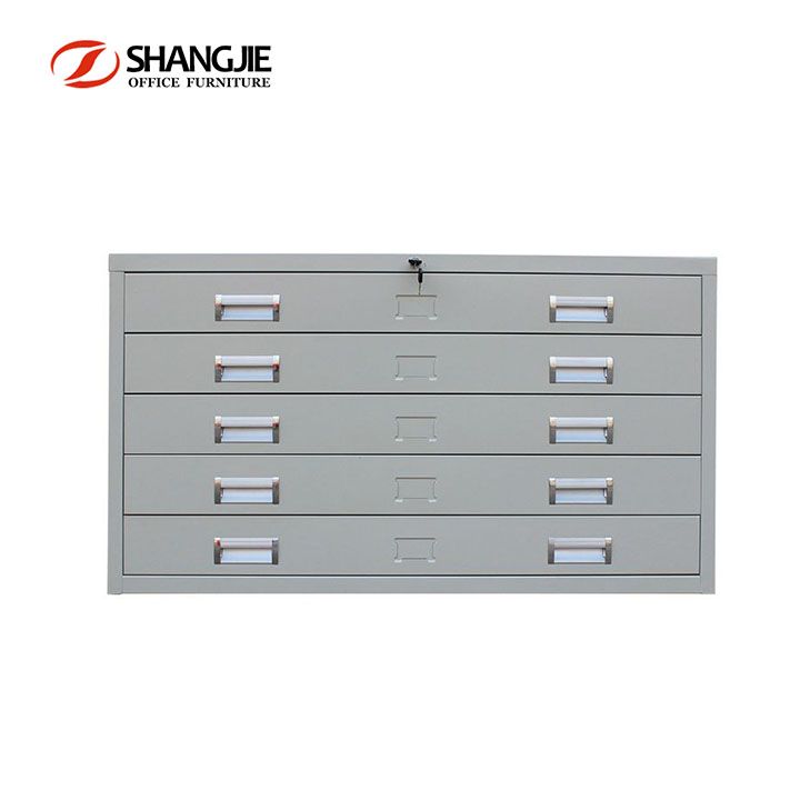 an office file cabinet with five drawers and four doors on each side, in grey