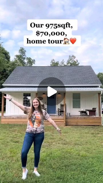 a woman standing in front of a house with her arms out and the words, our 977 sqft home tour