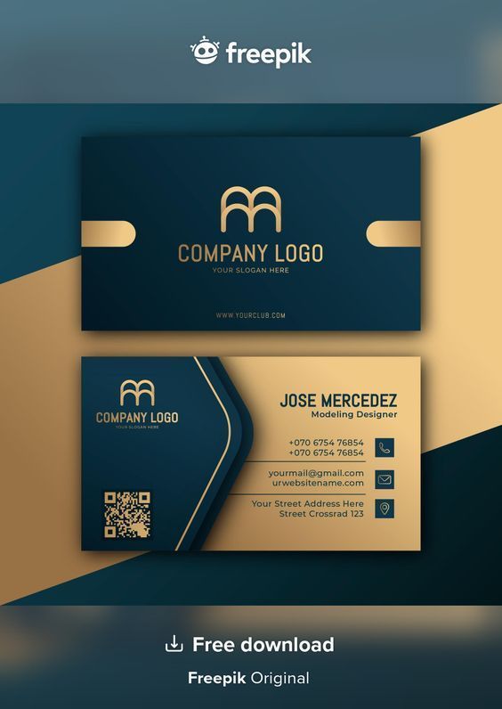 the business card is designed to look like an elegant blue and gold color scheme, with a