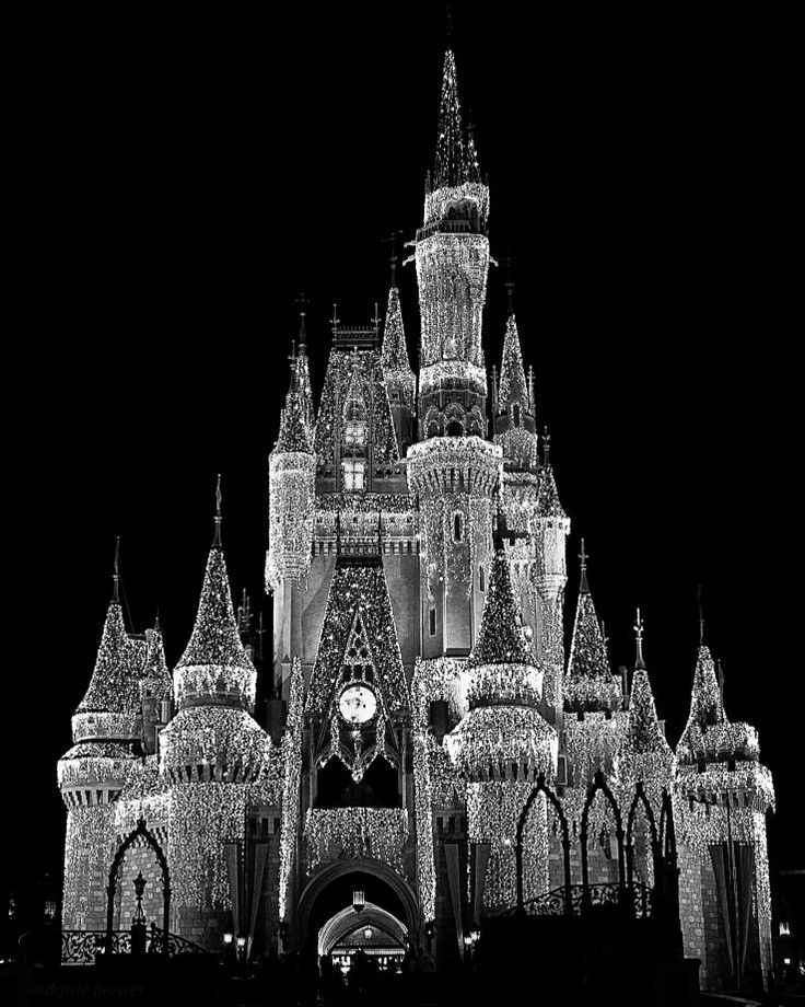 black and white photograph of a castle with christmas lights on it's side at night