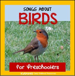 the cover of song about birds for preschoolers with an image of a bird standing on grass