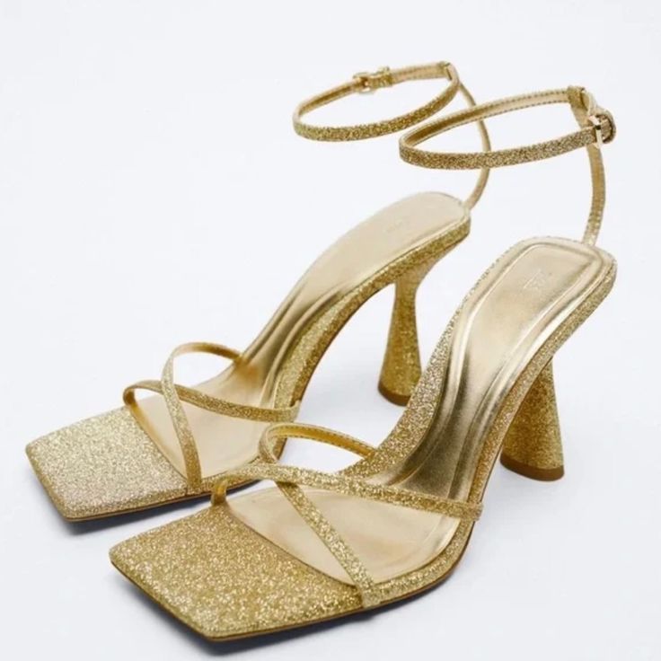 Zara Good Strappy Glitter Heeled Sandals New With Tag In 11 Size Sparkling Gold Heels For Summer, Sparkling Gold Summer Heels, Sparkling Summer Heels With Round Toe, Sparkling Round Toe Heels For Summer, Gold Sandals With Heel Strap For Party Season, Sparkling Open Heel Sandals For Summer, Sparkling Sandals For Summer Night Out, Sparkling Sandals For Night Out In Summer, Gold Sparkling Heels For Spring