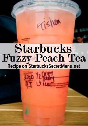 a plastic cup with writing on it and the words starbucks fuzzy peach tea next to it