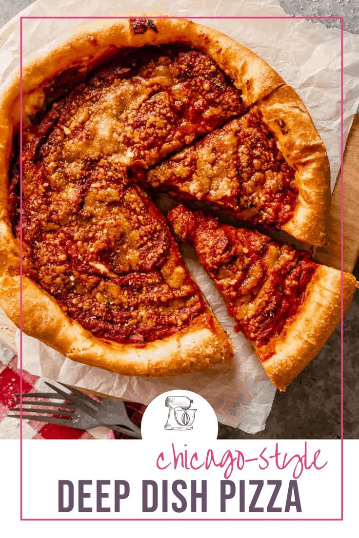 the chicago style deep dish pizza is cut into slices