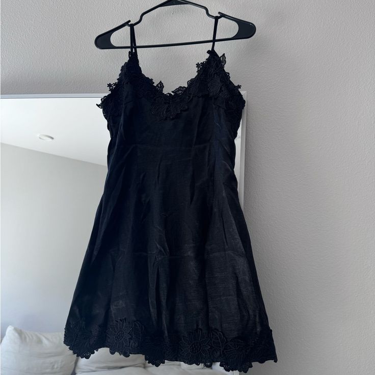 Size 8, Runs Small, Black Satin Dress With Floral Stitching On The Top And Bottom, Adjustable Straps, Super Sexy, Brand New With Tag Black V-neck Slip Dress With Lace Trim, Flirty Black V-neck Slip Dress, Black Lace Trim Dress For Night, Fitted Black Slip Dress With Lace Trim, V-neck Mini Dress With Lace Trim For Night Out, Chic Night Mini Dress With Lace Trim, Black Flirty Sleeveless Slip Dress, Chic Mini Dress With Lace Trim For Night, Flirty Black Slip Dress For Summer