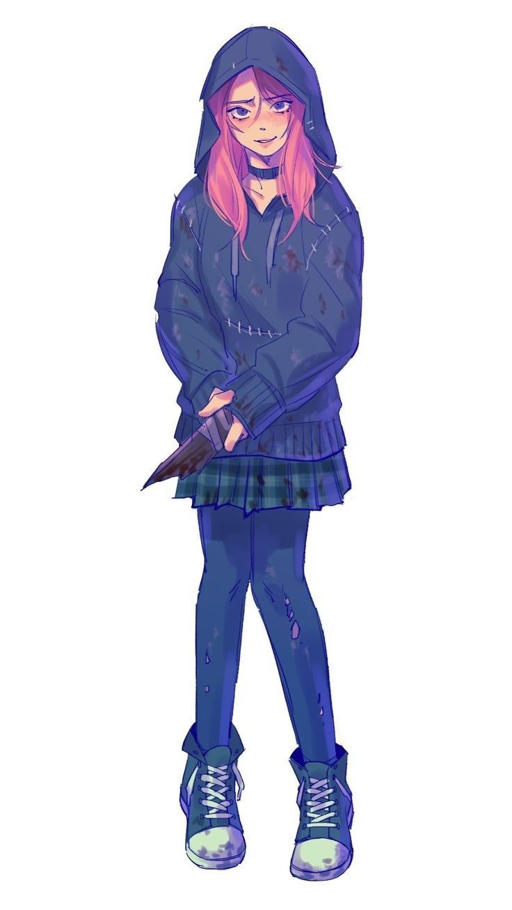 a drawing of a girl with pink hair and blue clothes holding a knife in her hands