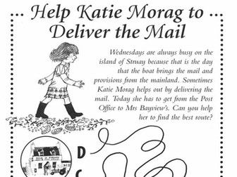 an advertisement for the mail with a girl walking in front of her house and letters that read help kate morg to deliver the mail