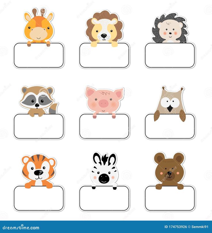 an animal themed name tag with different animals on the top and below it is a blank space for your own text