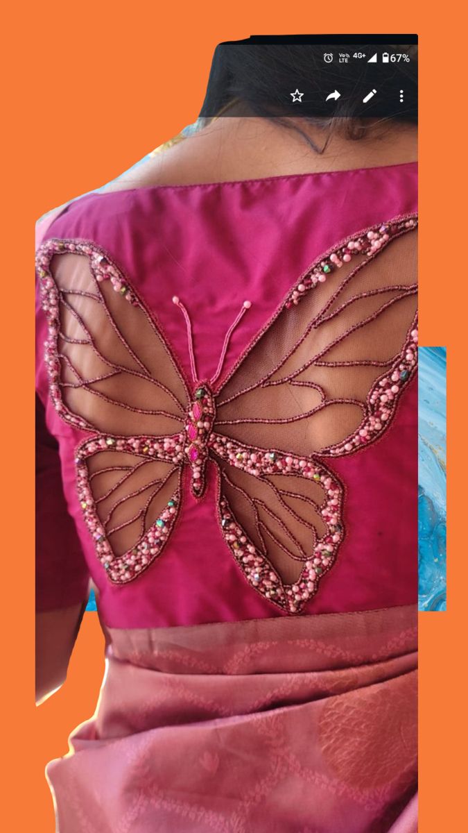 Aari Work Net Blouse, Butterfly Aari Work, Butterfly Aari Work Designs, Lace Blouse Design, Netted Blouse Designs, Aari Design, Net Blouse, Butterfly Net, Latest Blouse Designs Pattern