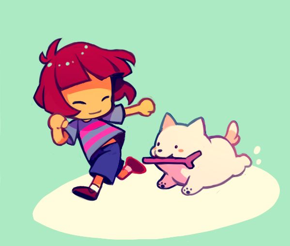 a cartoon girl running next to a white dog on a green background with an orange cat