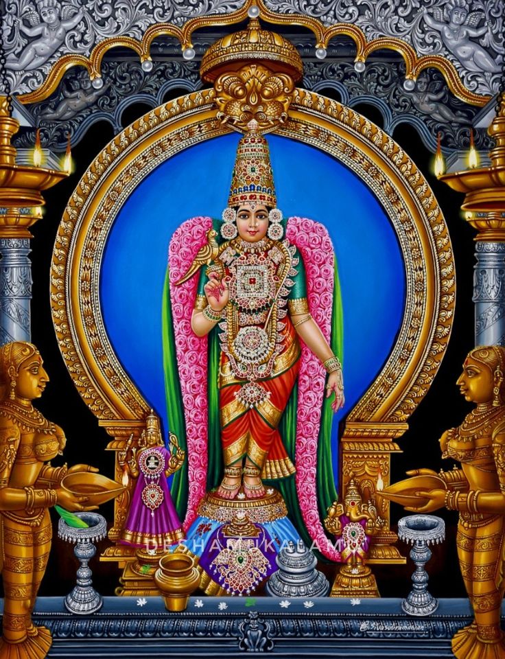 the god is sitting in front of an ornate frame with gold and pink decorations on it