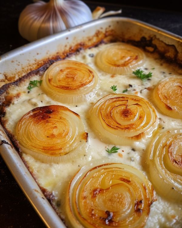 a casserole dish with onions and cheese