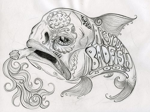 a pencil drawing of a fish with the words happy birthday on it's side