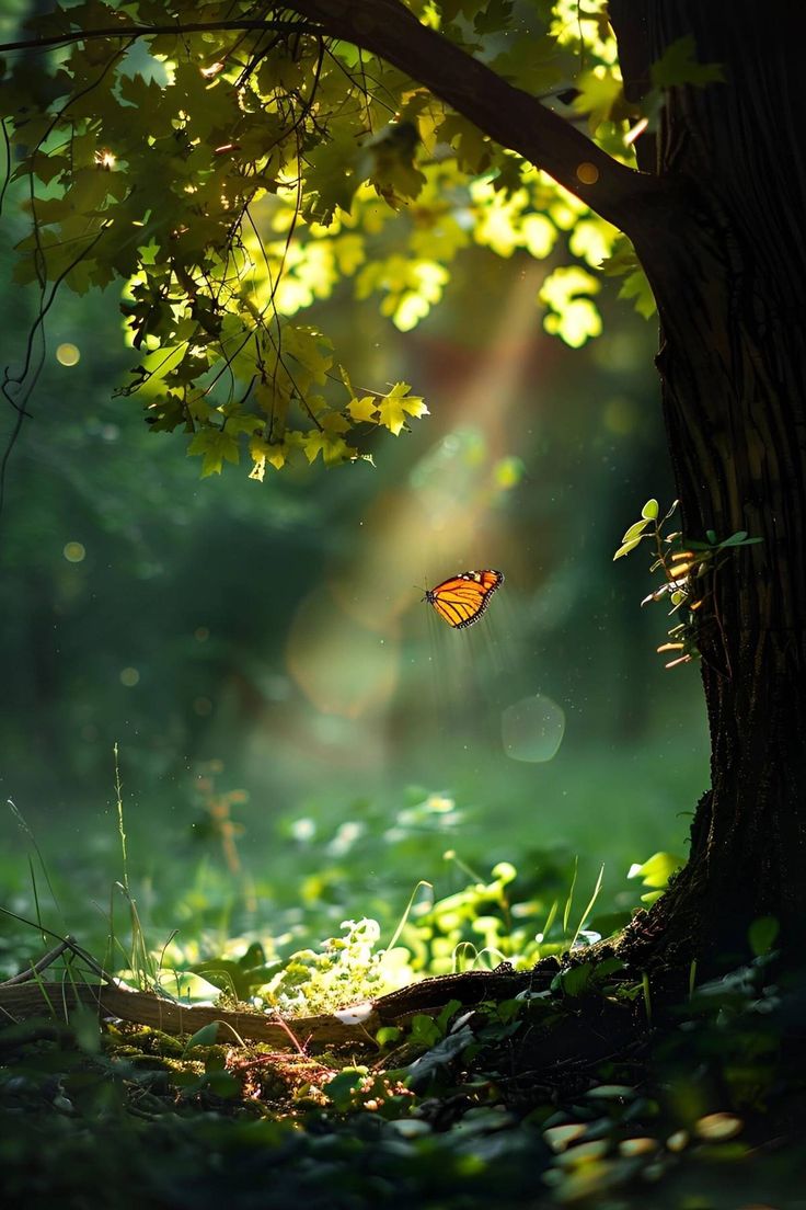 a butterfly flying in the air near a tree with sunlight coming through it's leaves