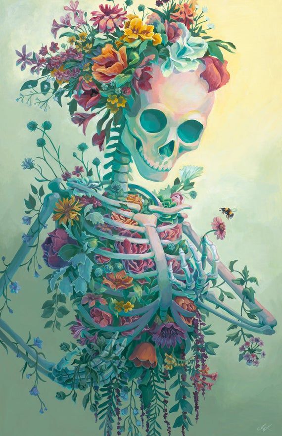 a painting of a skeleton with flowers on its head