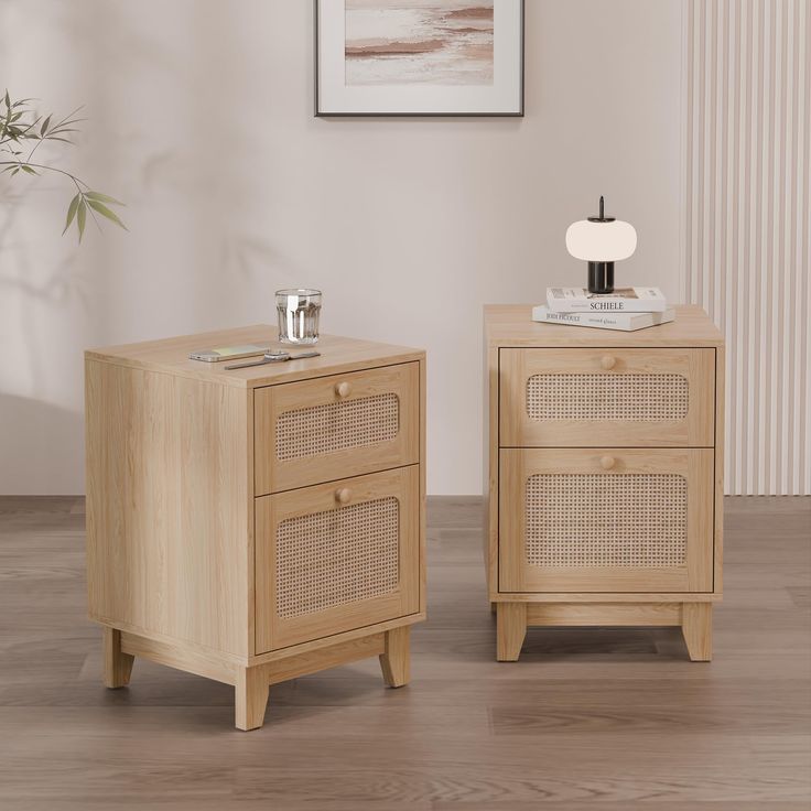 two wooden nightstands sitting next to each other on top of a hard wood floor