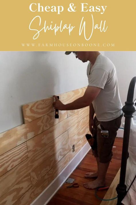 a man is working on some wood in his bedroom with the words cheap and easy shiplap wall