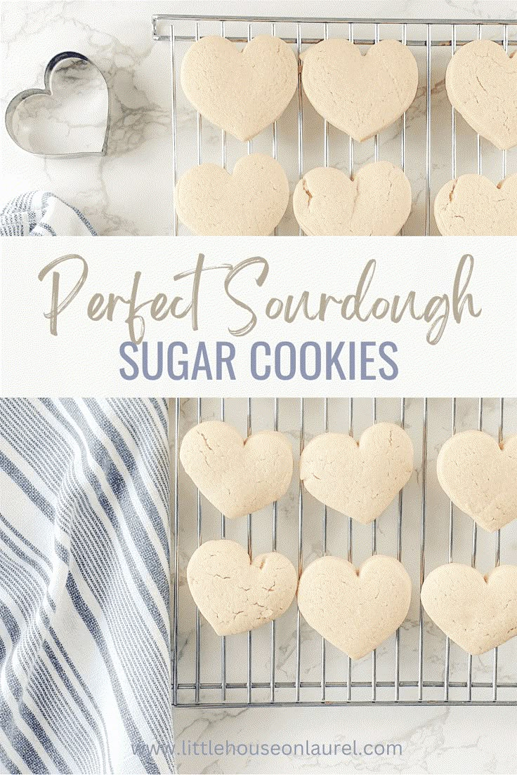 heart shaped sugar cookies on a cooling rack with the words perfect sourdough sugar cookies