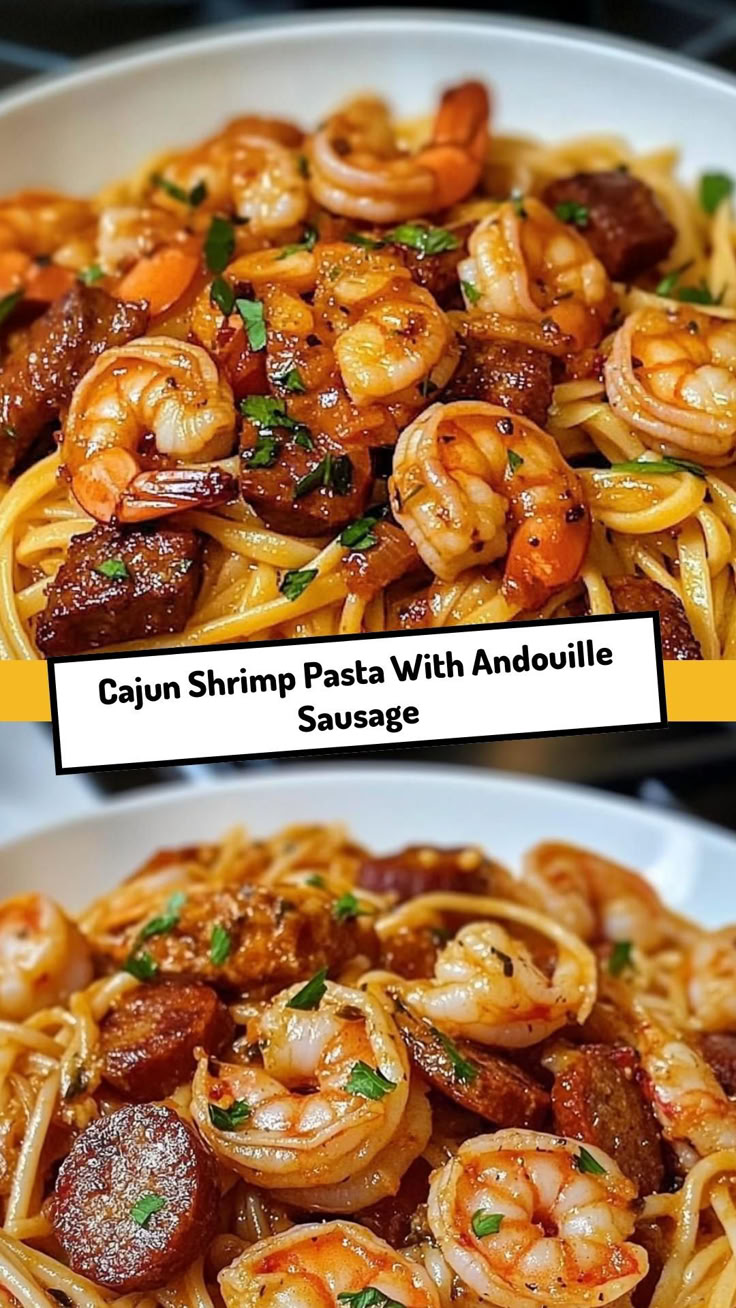 two pictures of pasta with shrimp and sausage