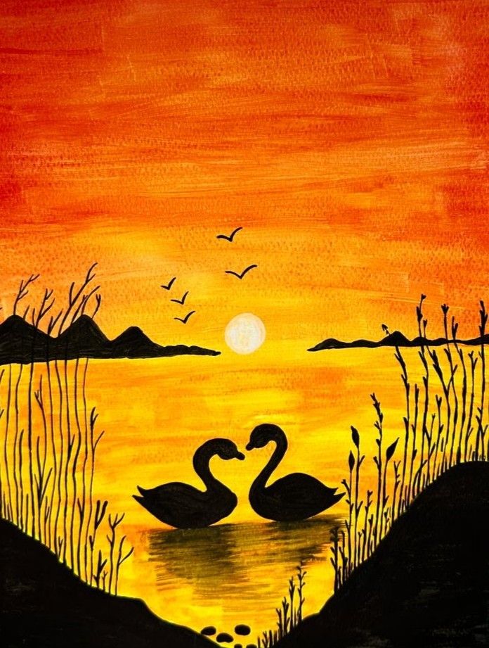 a painting of two swans in the water at sunset