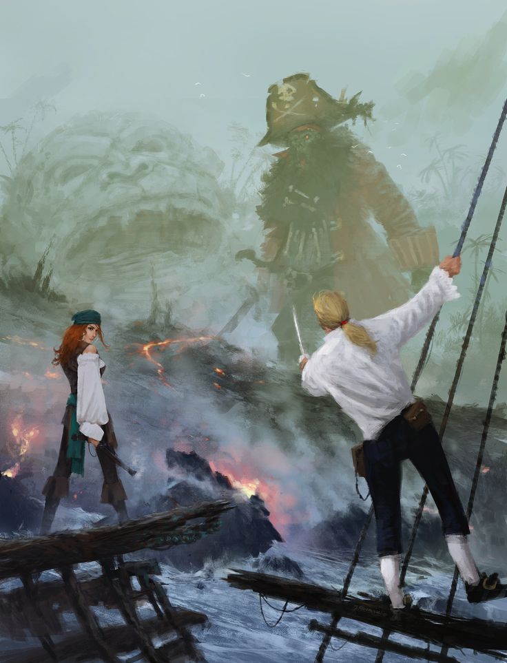 two people are standing on a bridge in front of a giant monster and another person is holding onto the rope