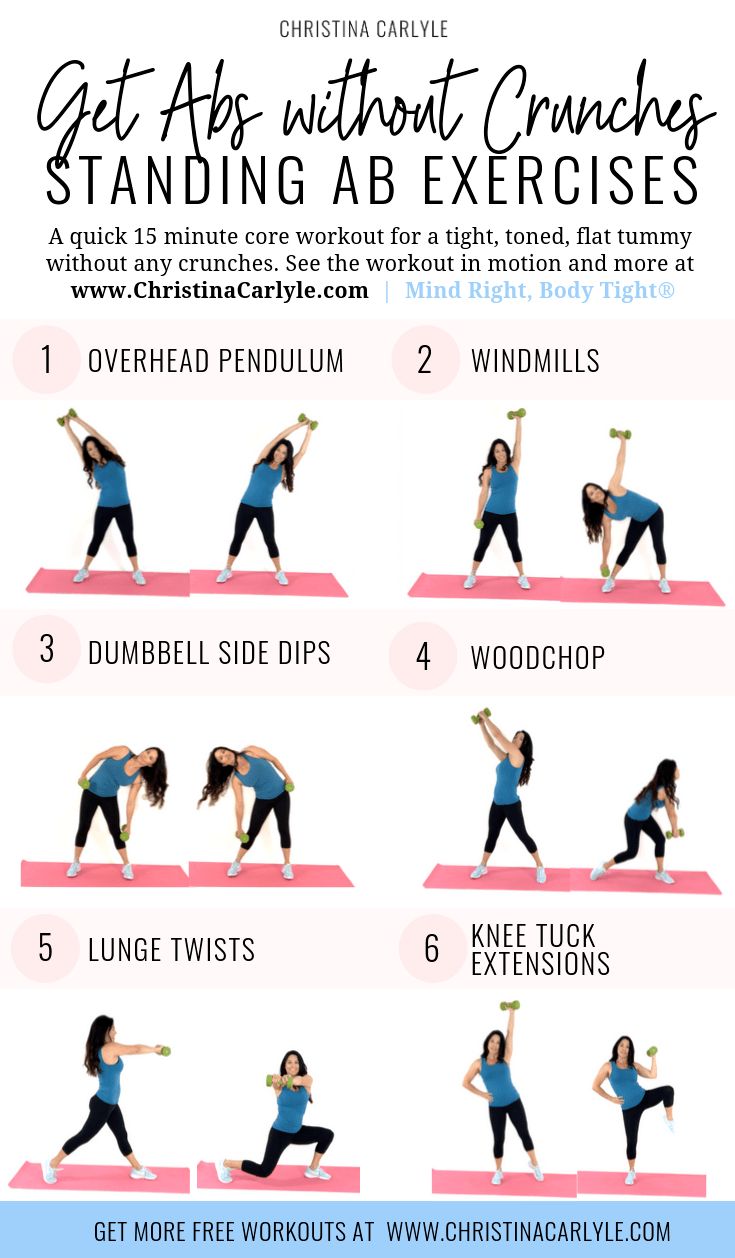 a woman doing yoga poses with the text get abs without crunchs standing ab exercises