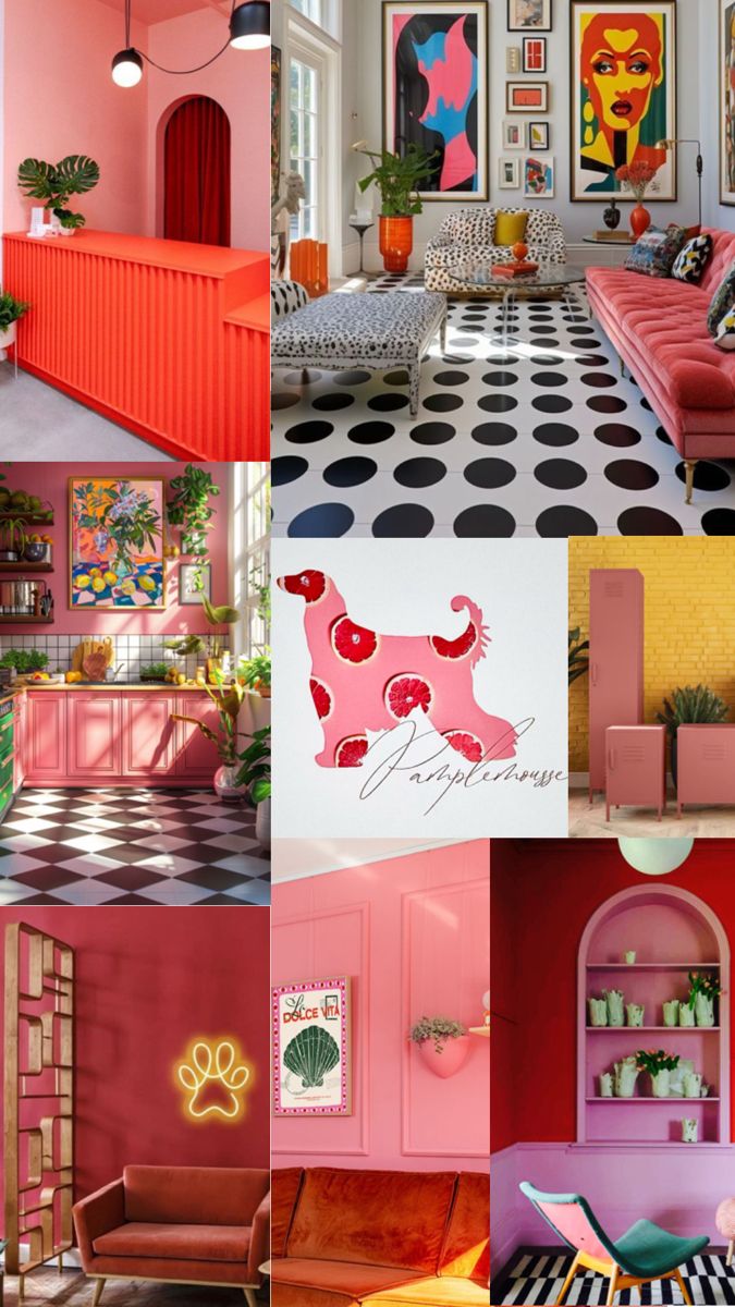 pink and yellow rooms with black and white checkered flooring