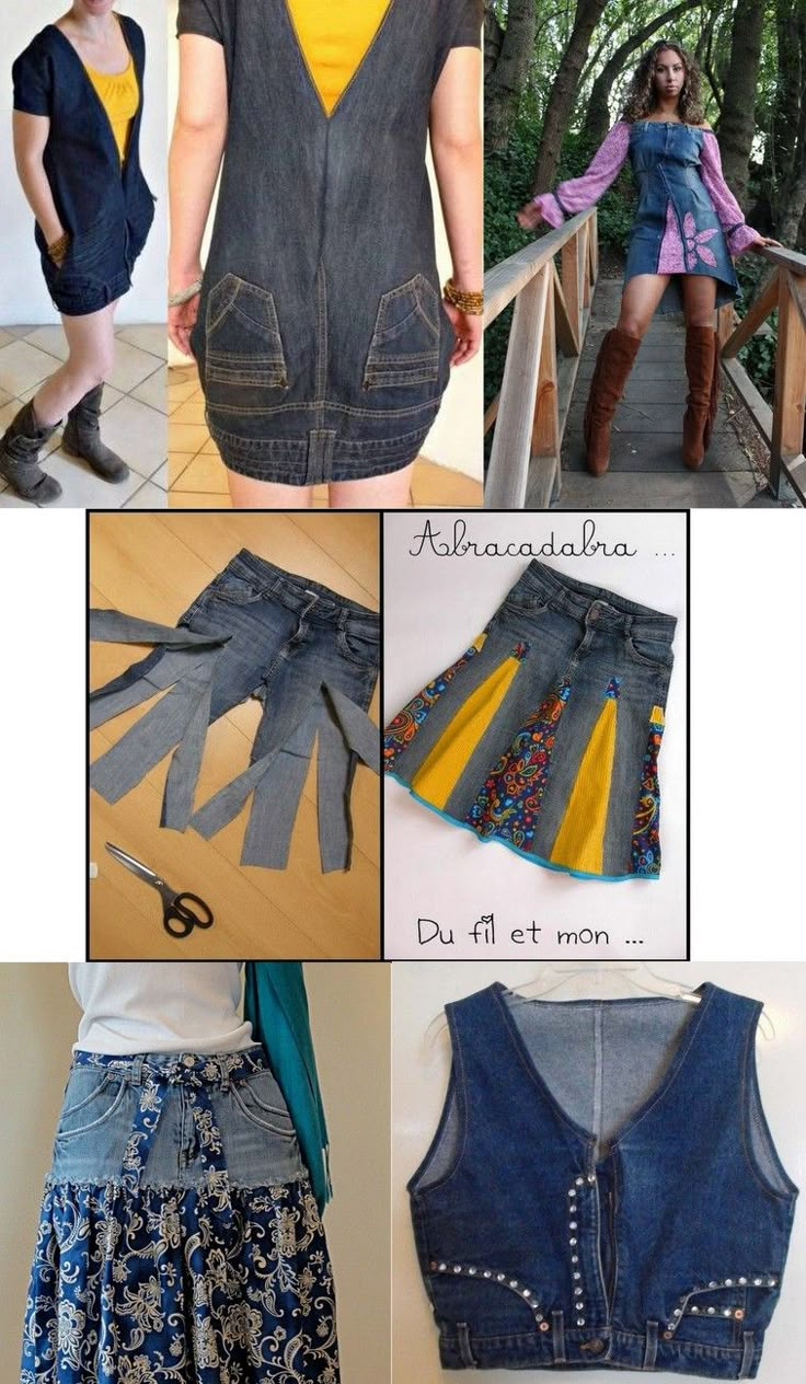 several pictures of different types of clothing and accessories, including denim vests, skirt, top