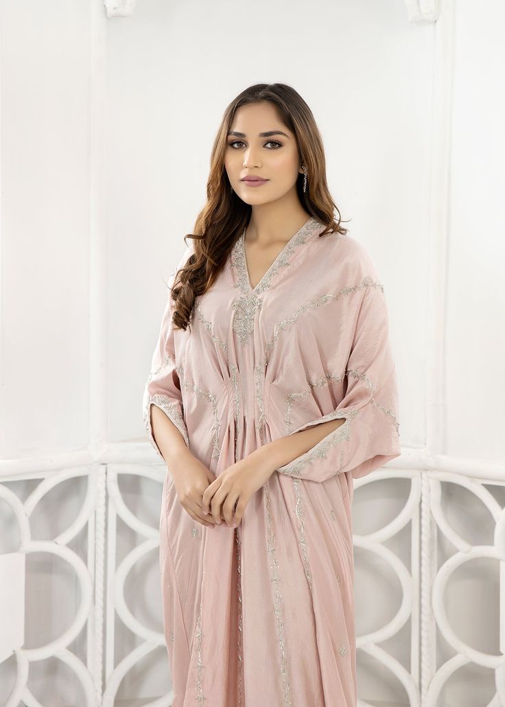 Nude Pink Rawsilk kaftan fully hand worked front & back with resham, zardozi, tilla & dabka. Pink Kaftan, Astoria Ny, April May, Thursday Friday, Nude Pink, Raw Silk, Pink