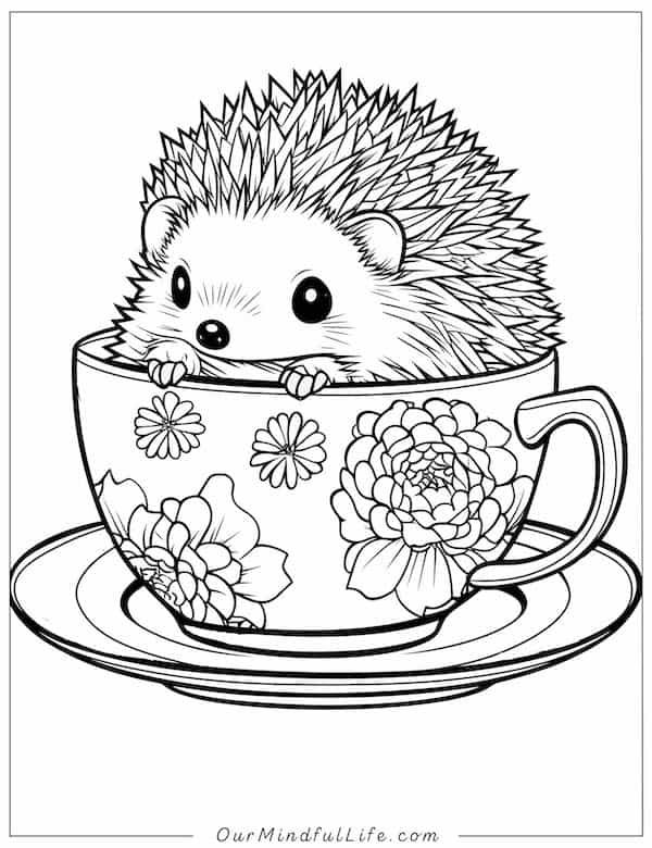 a hedge in a teacup with flowers on it's saucer coloring page