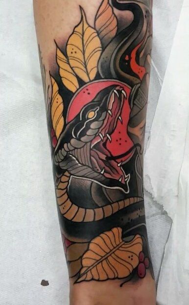 an arm with a snake and leaves on it