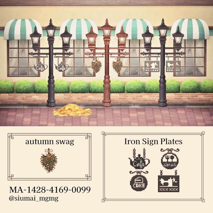 an advertisement for the iron sign plates in front of a building with green and white striped awnings