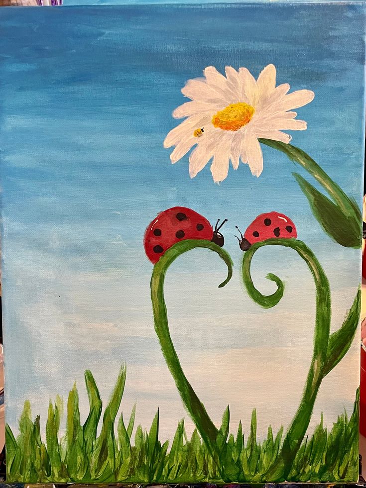 a painting of two ladybugs in the grass with a daisy on their back