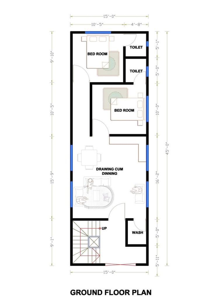 the ground plan for a small house with two floors and one car parking space on each side