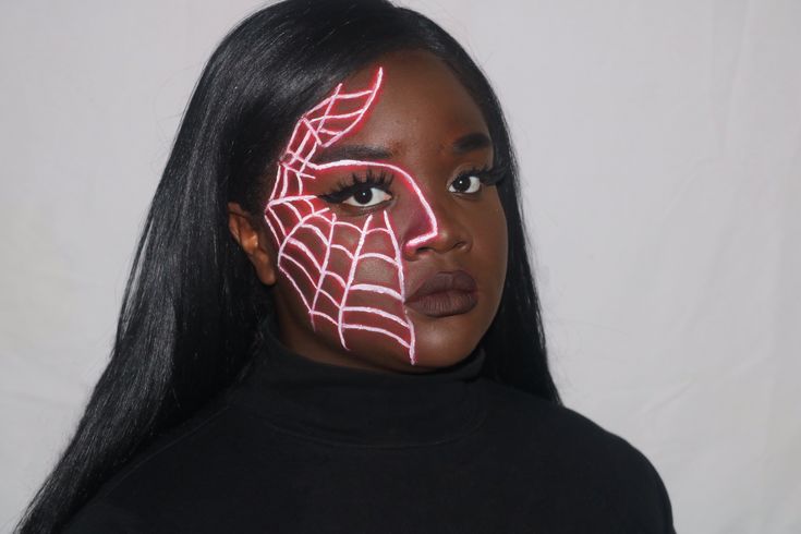 Neon Halloween Makeup Easy, Spiderweb Makeup Easy, Spider Man Makeup Women Easy, Spider Man Face Makeup, Easy Spiderman Makeup, Spider Man Makeup Women, Spiderman Makeup Woman, Spider Gwen Makeup, Spiderman Halloween Makeup