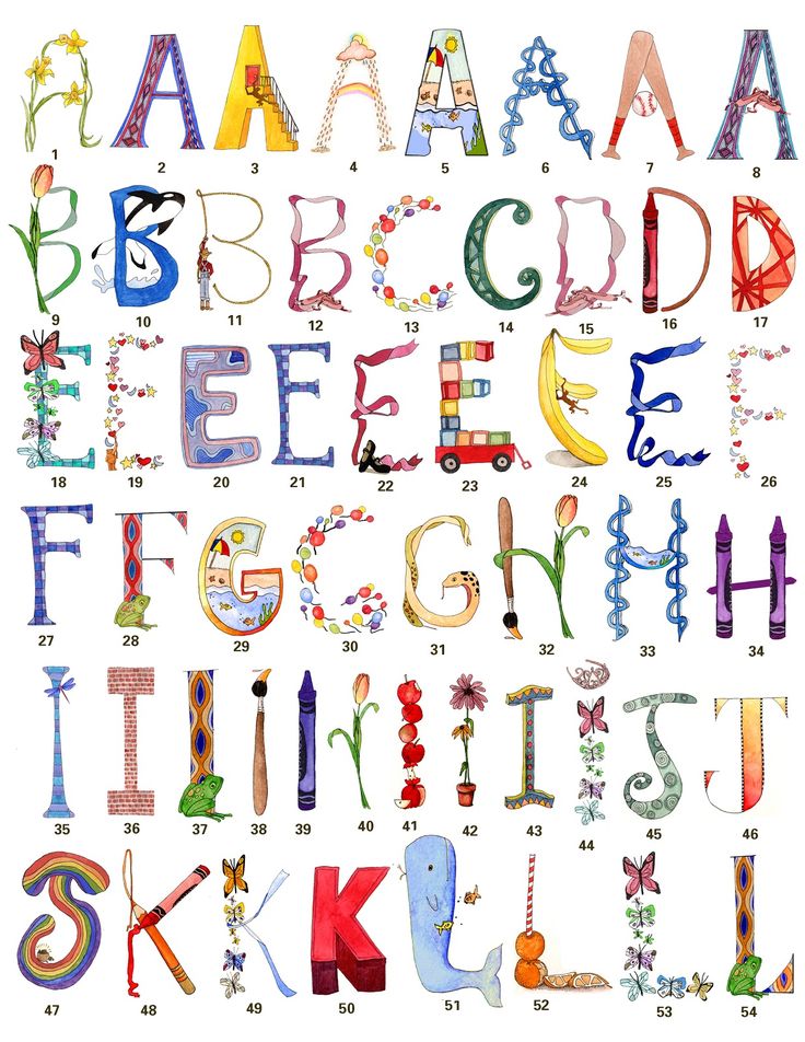 the alphabet is made up of different letters and numbers, all painted in bright colors