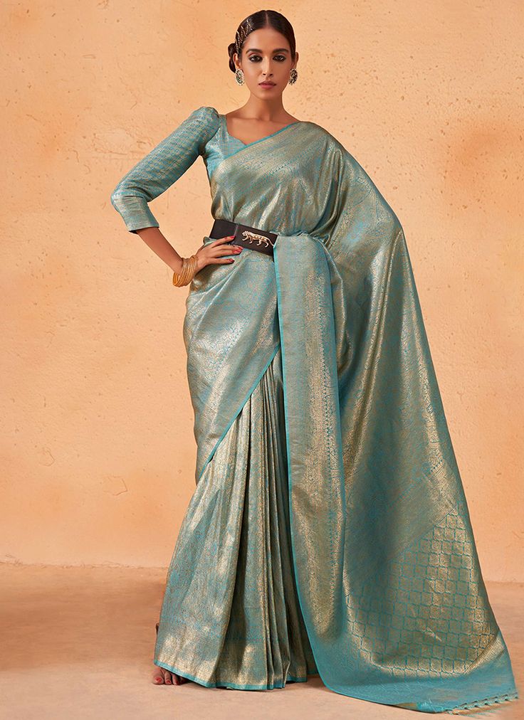 Aqua Blue Brocade Detailed Kanjivaram Silk Saree Classic Saree, Zari Saree, Wedding Sarees Online, Blue Silk Saree, Turquoise Blouse, Cyan Colour, Kanjivaram Saree, Modern Saree, Aqua Blue Color