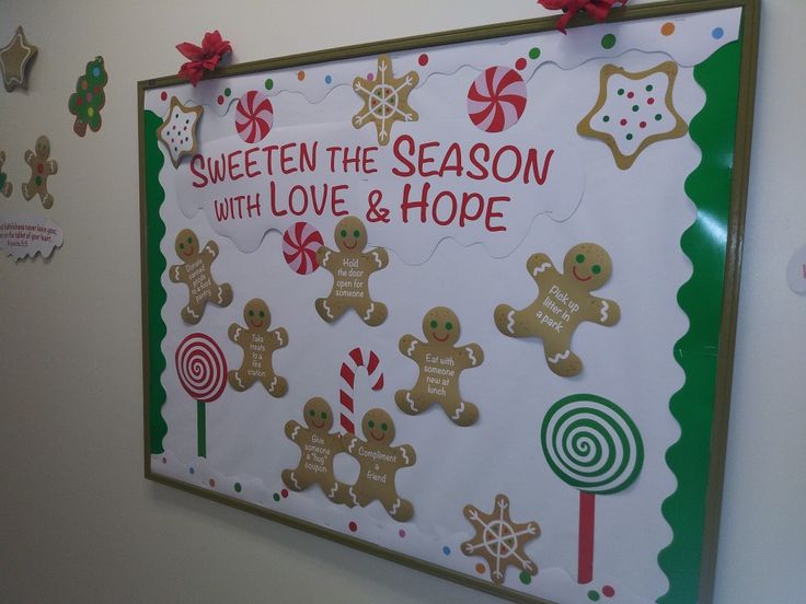 a bulletin board with gingerbreads, candy canes and candies on it