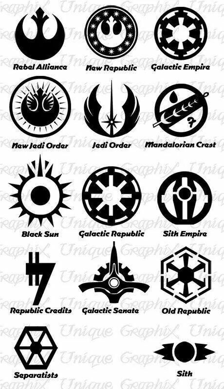 star wars symbols and insignias are shown in black on a white background, including the symbol