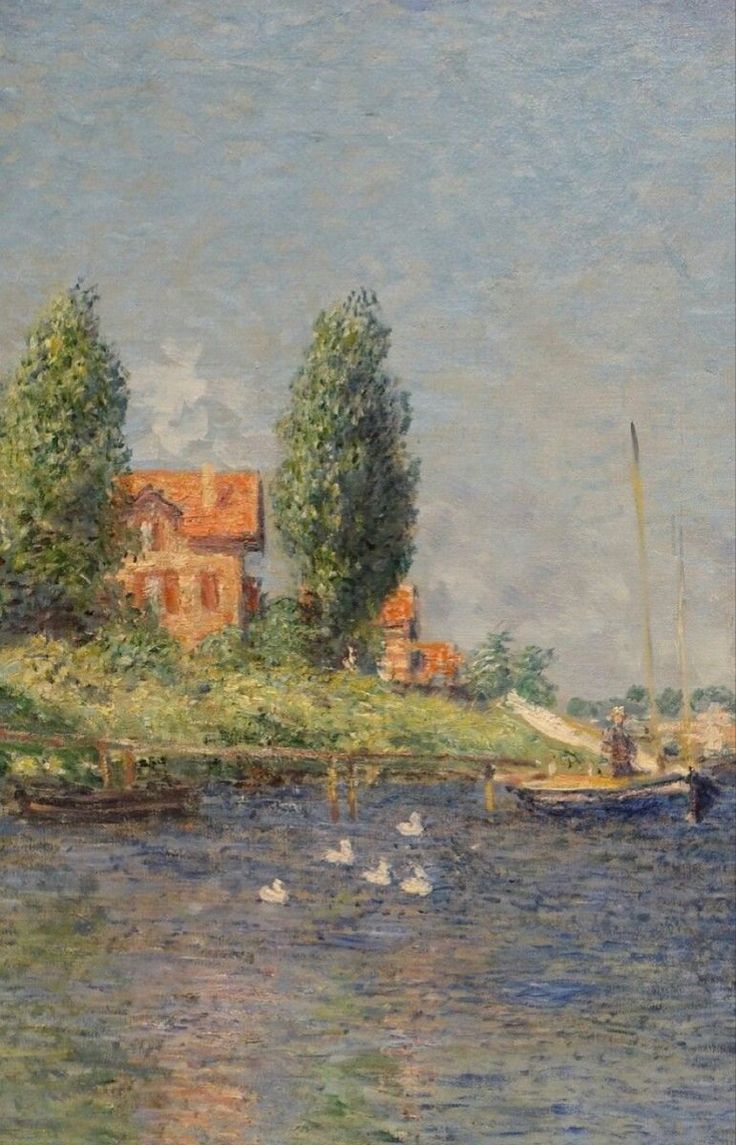 a painting of boats in the water near a shore with houses and trees on it