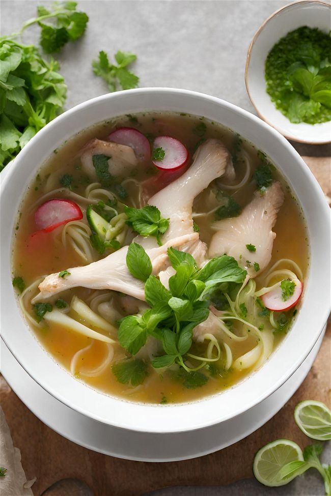 a white bowl filled with chicken noodle soup on top of a wooden cutting board