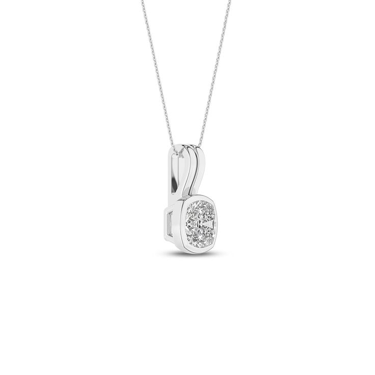 Enhance your elegance with our Coupled Cushion Bezel Necklace, a testament to sophistication and modern design. This exquisite diamond pendant necklace features a bezel-set, lab-grown cushion-cut diamond, radiating brilliance and clarity. Crafted with precision, the necklace boasts a unique double bail design, where two parallel bars elegantly cradle the diamond. The bars can be a combination of lustrous white and rose gold or white and yellow gold. This design not only enhances the beauty of th Modern Brilliant Cut Diamond Pendant Necklace, Cushion Cut Cubic Zirconia Necklaces With Prong Setting, Cushion Cut Cubic Zirconia Fine Jewelry Necklace, Cushion Cut Cubic Zirconia Fine Necklace, Elegant Radiant Cut Diamond White Necklace, Anniversary Cubic Zirconia Necklace In Cushion Cut, Cushion Cut Cubic Zirconia Necklaces For Anniversary, Anniversary Necklace With Cushion Cut Cubic Zirconia, Anniversary Cubic Zirconia Necklace Cushion Cut