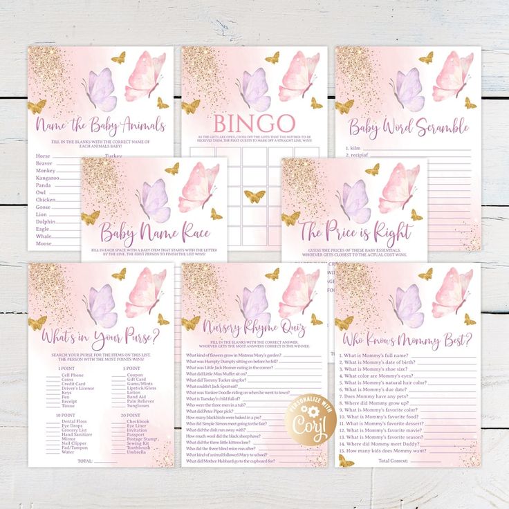 pink and gold baby shower games with butterflies on them, set of 8 cards for girls